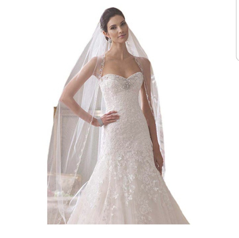 Beaded Ivory Chapel Length Wedding Veil with Comb